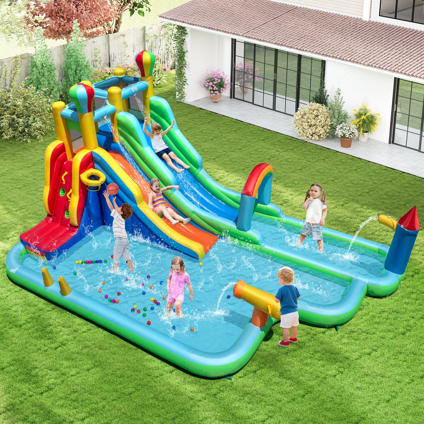 Giant Inflatable Water Slide Park for Kids with Double Slides & Splash Pool