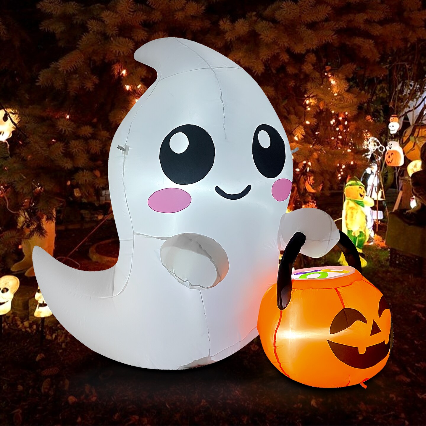 GOOSH 5FT Inflatable Cute Ghost with Pumpkin Bucket &#x2013; Light-Up Halloween Yard Decoration