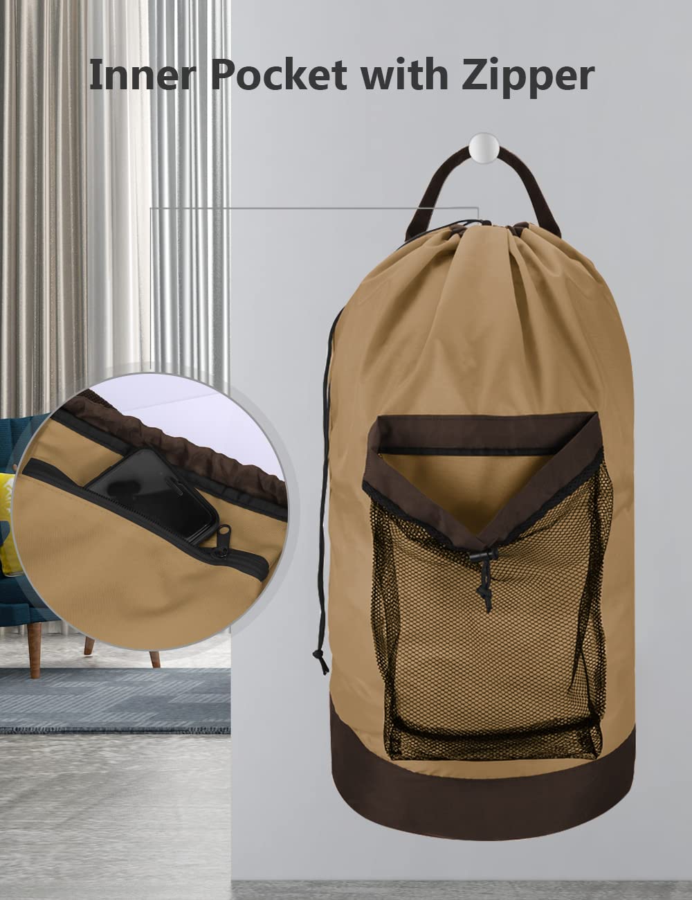 Backpack Laundry Bag, Laundry Backpack with Shoulder Straps and Mesh Pocket Durable Nylon Clothes Hamper Bag with Drawstring Closure for College, Travel, Laundromat, Apartment