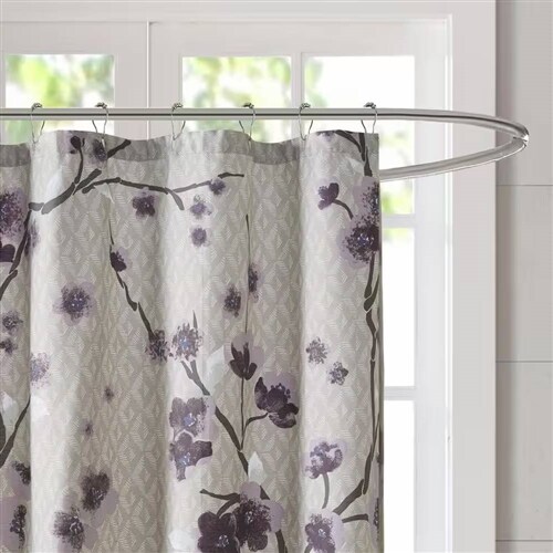 Purple-Grey Beige Cotton Floral Shower Curtain Machine Washable