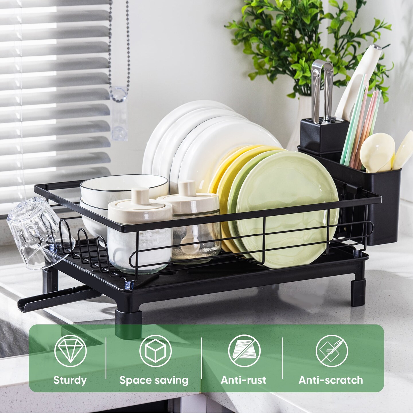 VUSIGN Dish Drying Rack - Space-Saving Dish Rack,Dish Racks for Kitchen Counter with Drainboard, Rustproof Dish Drainer with a Removable 4-Compartment Utensil Holder,Black
