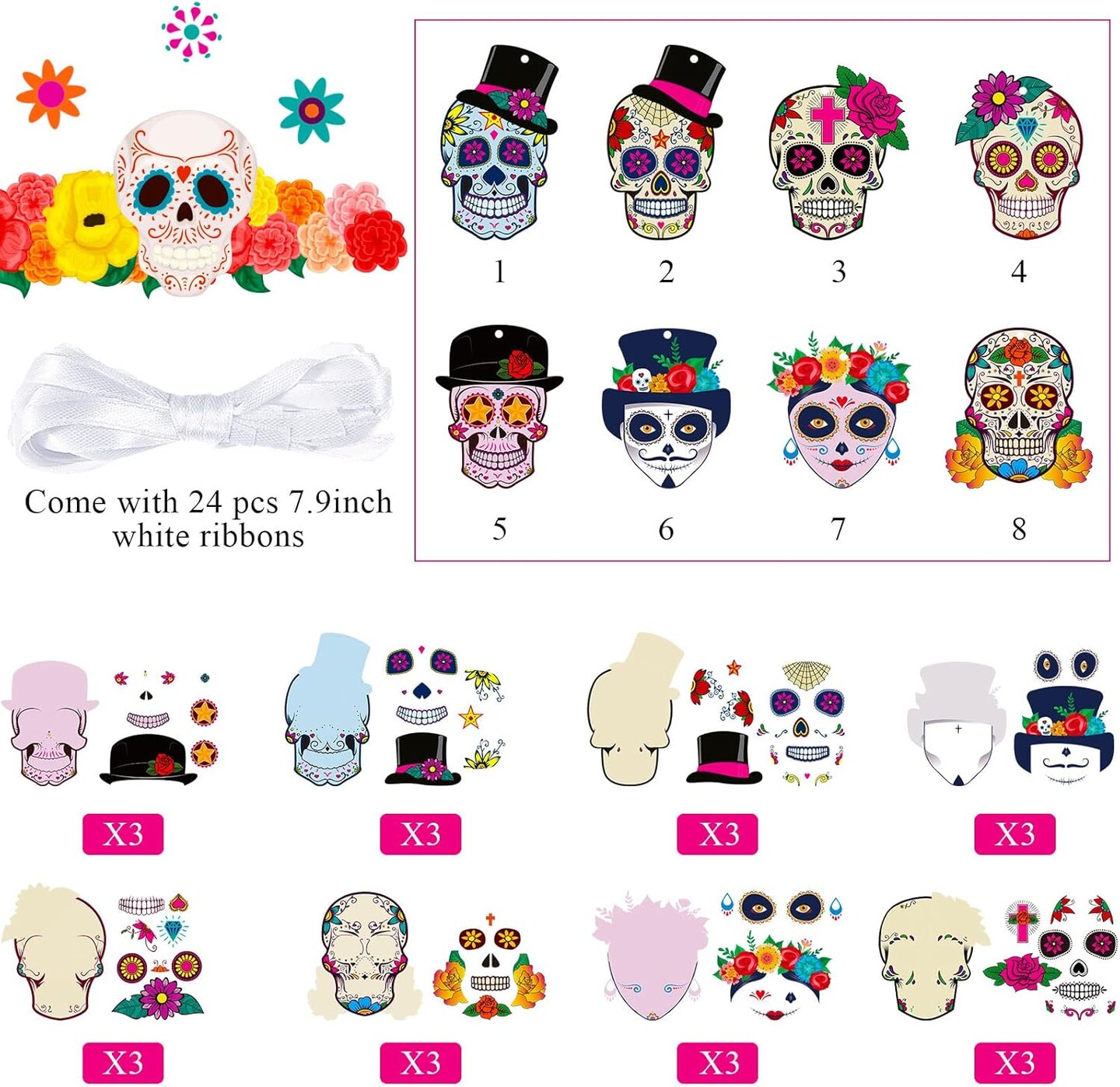24 Sets Day of Dead Decorations Sugar Skull Crafts Kits (colorful)