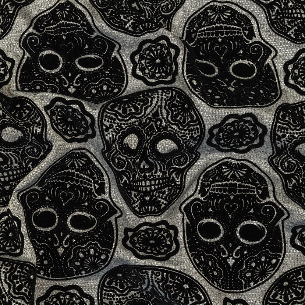 1 Yard Black Flocked Decorated Skulls on Silver Sconce Diamonds Cotton and Polyester Dobby