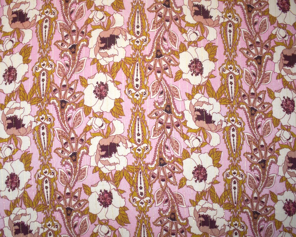 Pink-Gold-Multi Floral Printed Metallic Crinkle Yoryu Chiffon Woven Fabric By the Yard