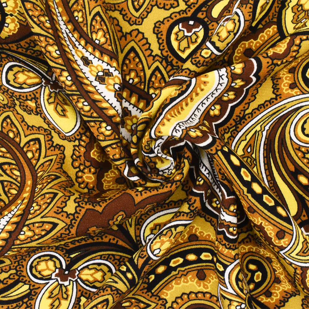 Yellow-Multi Famous Designer Viscose Paisley Printed Crepe Faille Fabric By the Yard