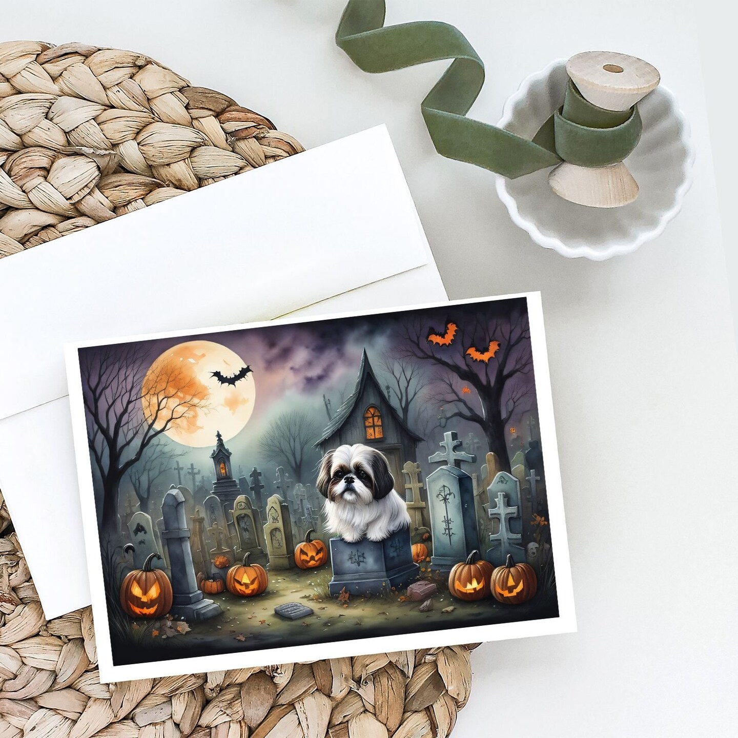 Edge Collections - 5" x 7" - Multicolor - Shih Tzu Spooky Halloween Greeting Cards - 8 Pieces