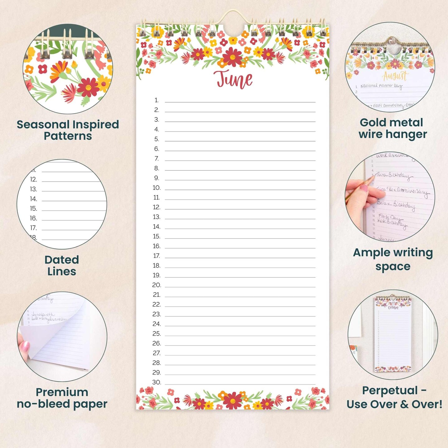 bloom daily planners Perpetual Calendar, 5" x 10", Seasonal Florals
