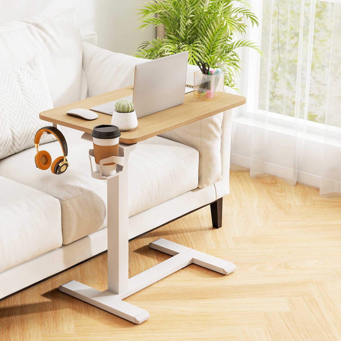 Adjustable Height Overbed Table with Cup Holder and Wheels