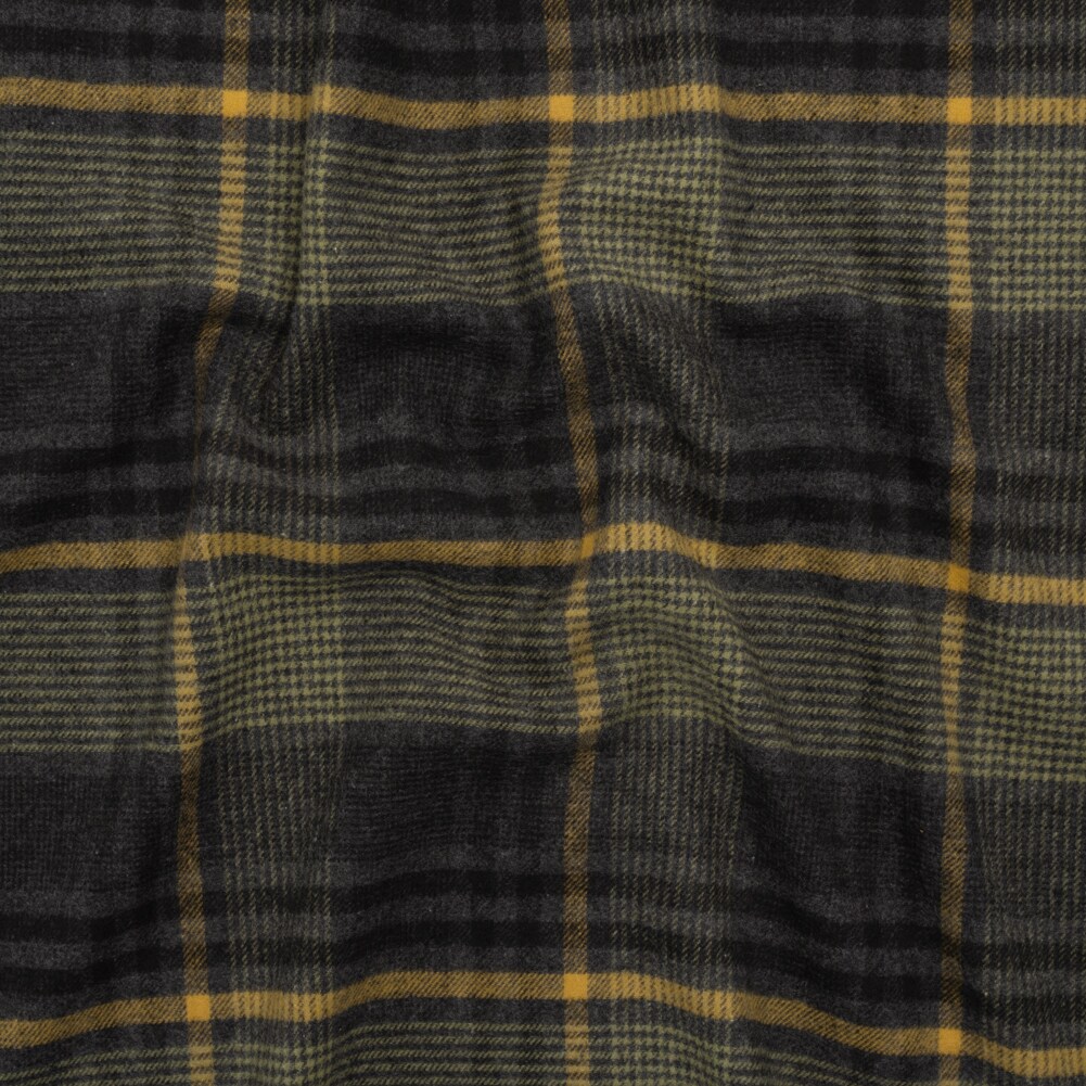 1 Yard Cotton Twill Flannel Charcoal Light Olive and Mustard Yellow Plaid Deadstock