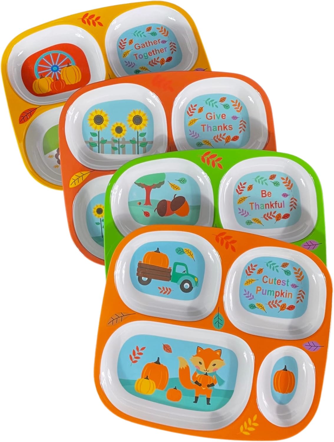 4E's Novelty 4 Pack Fall Thanksgiving Melamine Dinnerware Set for Kids – Sectioned Toddler Plates with Dividers, BPA-Free, Break Resistant, Dishwasher Safe, Autumn Harvest Plates for Toddlers