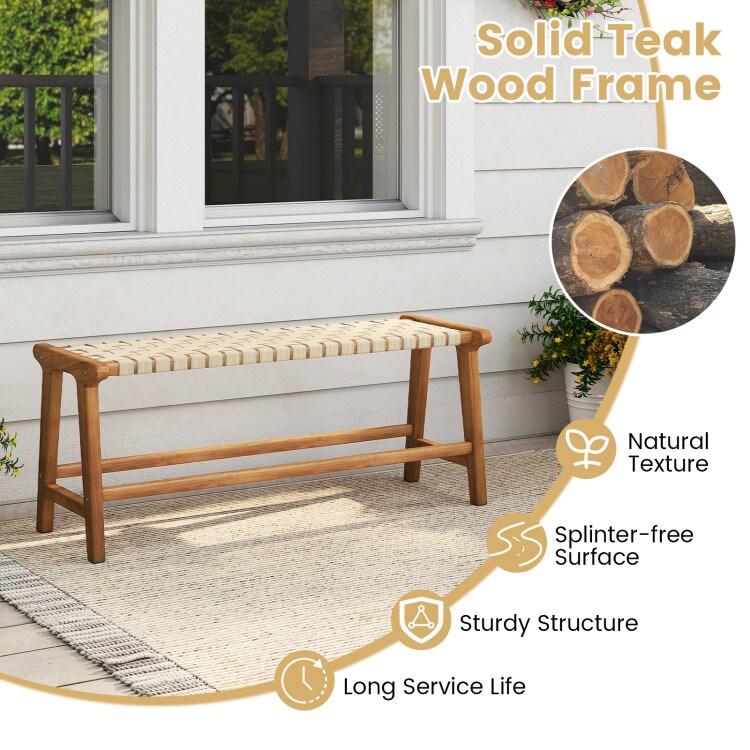 Natural-Beige Teak Wood Backless Bench with Woven Seat for Indoor and Outdoor