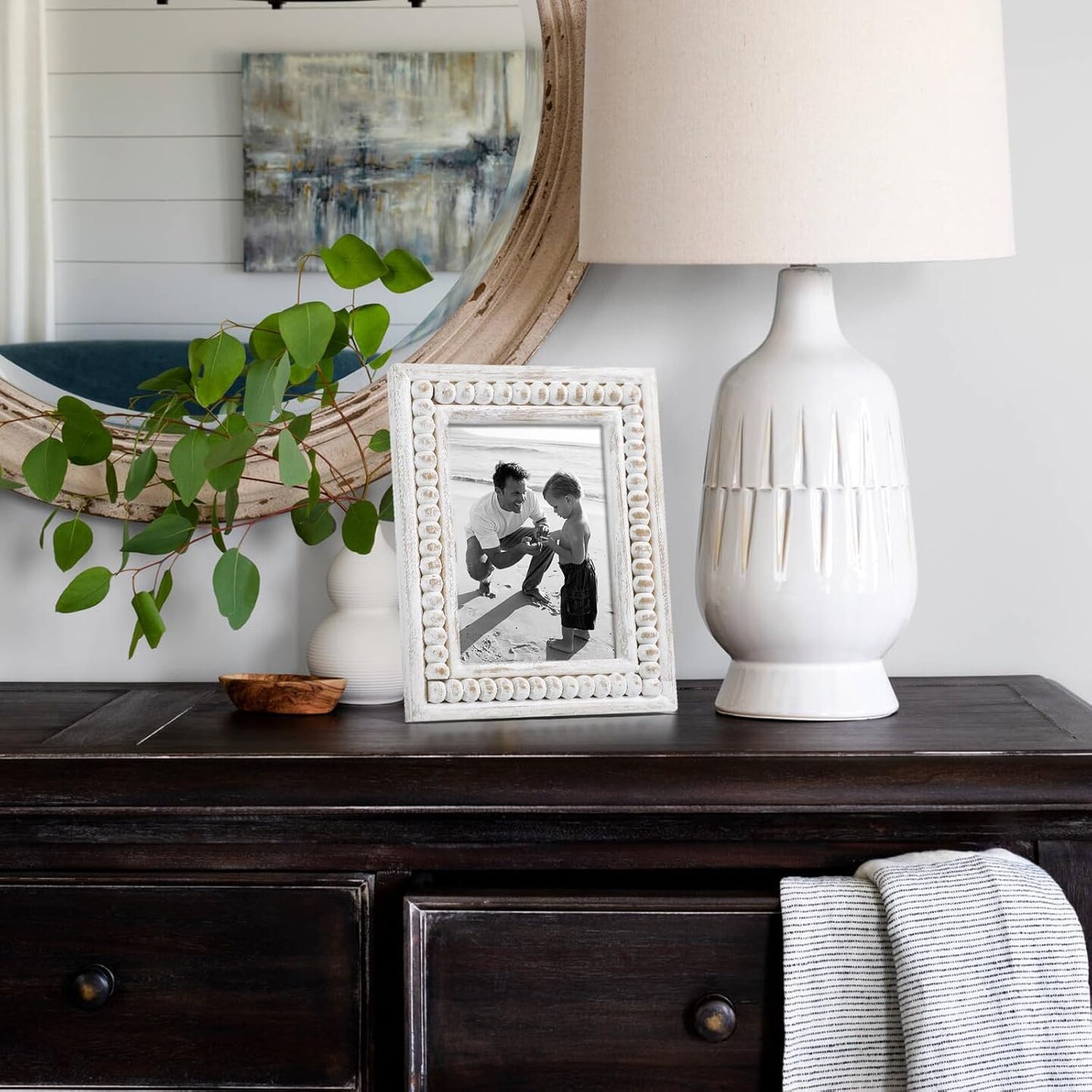 Whitewashed Wooden 5x7 Picture Frame with Beaded Design &#x2013; Rustic and Boho Style