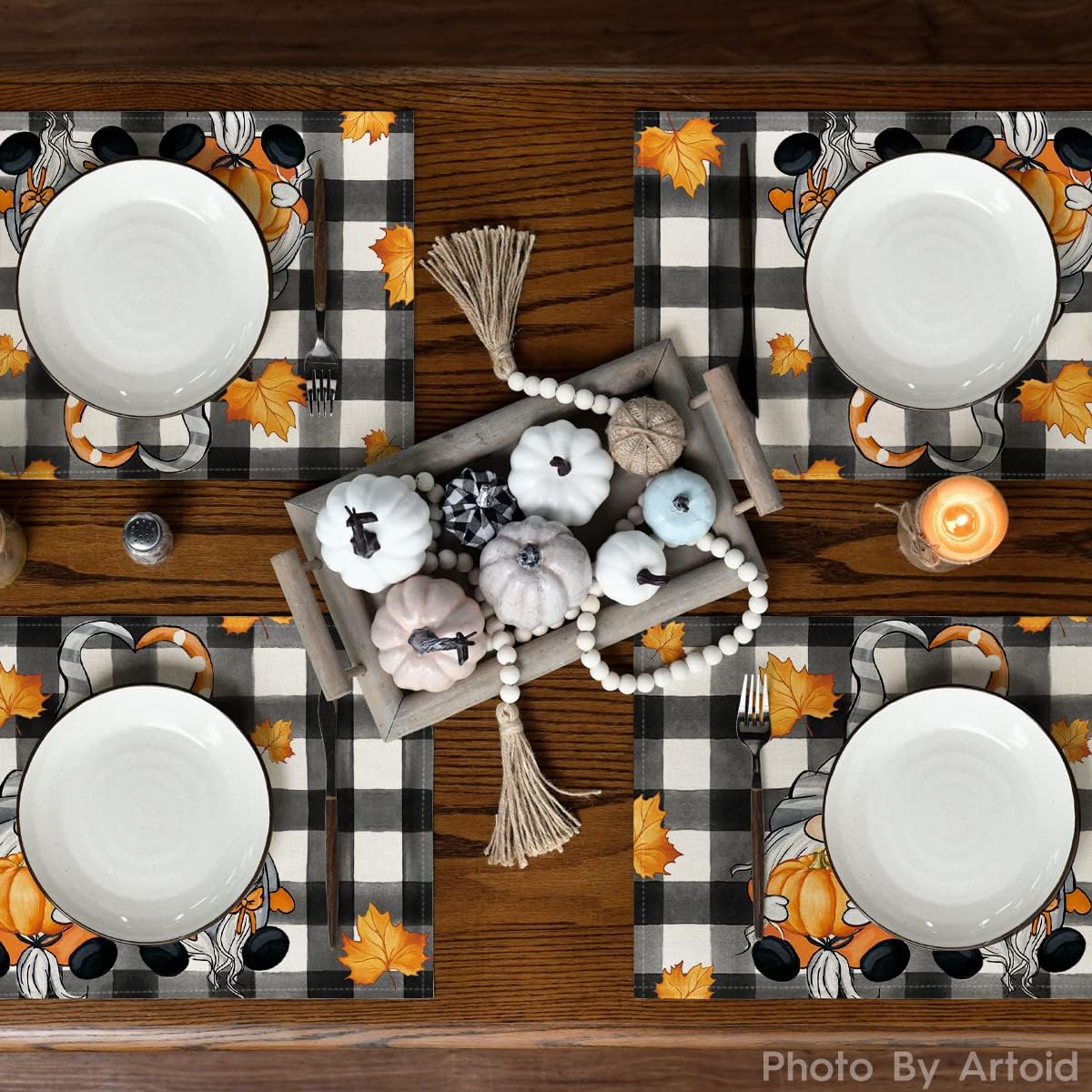 Set of 4 Buffalo Plaid Gnome Fall Placemats - 12x18 Inch