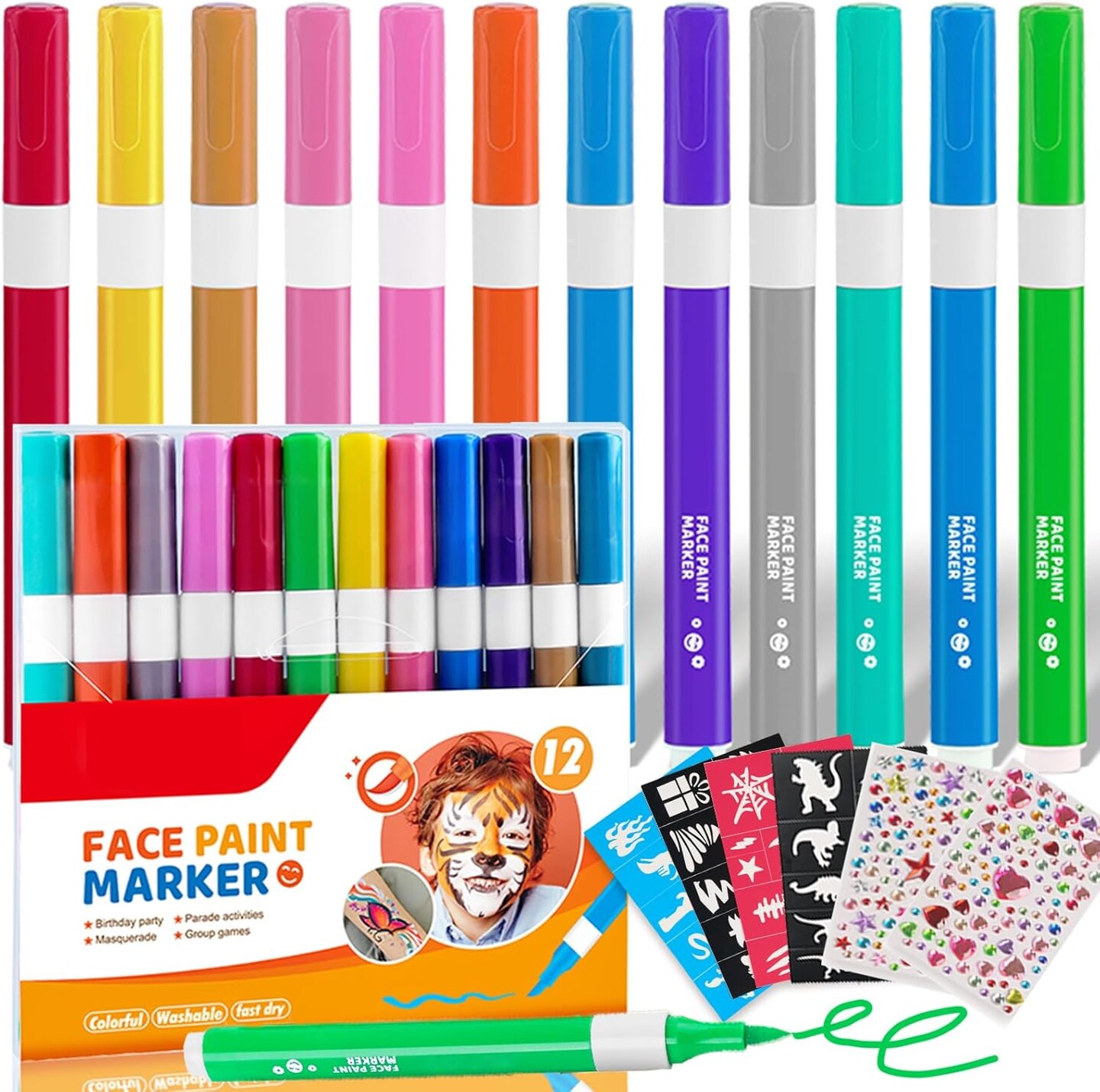 12 Colors Face Paint Markers(12 Colors Face Paint Markers + 40 Stencils + 200 Gems)