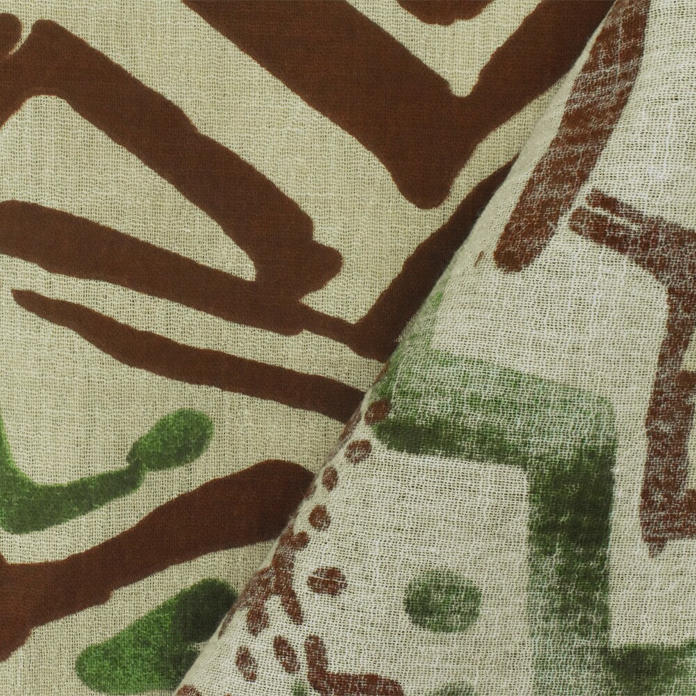 Beige-Green-Multi Aztec And Floral Printed Cotton Gauze Woven Fabric By the Yard