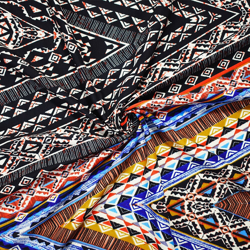 Black-Orange-Multi Poly Aztec Printed Faille Woven Fabric By the Yard
