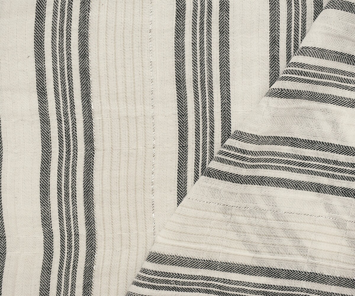 Ivory-Silver Metallic Famous Maker Cotton Striped Herringbone Woven Fabric By the Yard