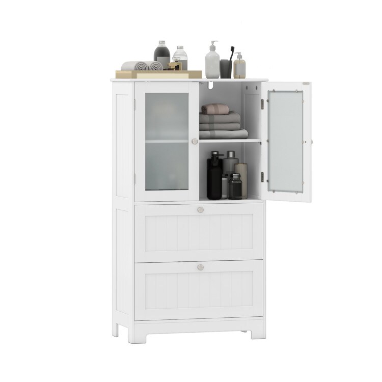 Modern Freestanding White Floor Storage Cabinet with Glass Doors 2 Drawers and Adjustable Shelves