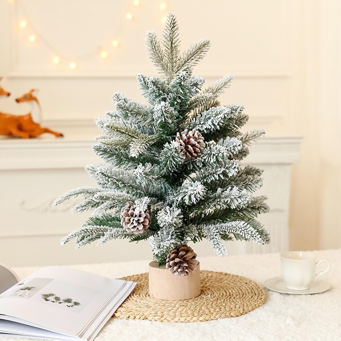 18 Inch Small Flocked Christmas Tree with Pine Cone Tabletop Decor