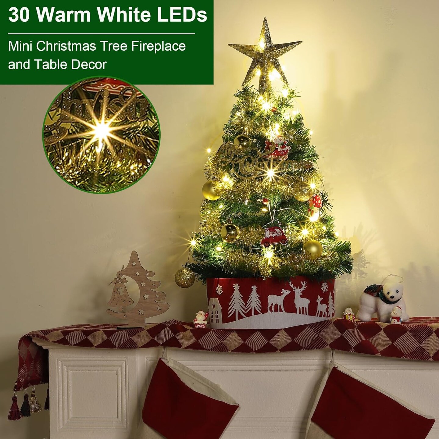 24 Inch Mini Tabletop Christmas Tree with Timer 30 LEDs &#x26; 34 Ornaments (Green Red Gold)