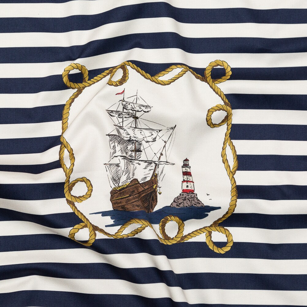 1 Yard Stretch Cotton Sateen Navy and Gold Stripes and Ropes Lighthouse Adventures Print St Tropez Collection