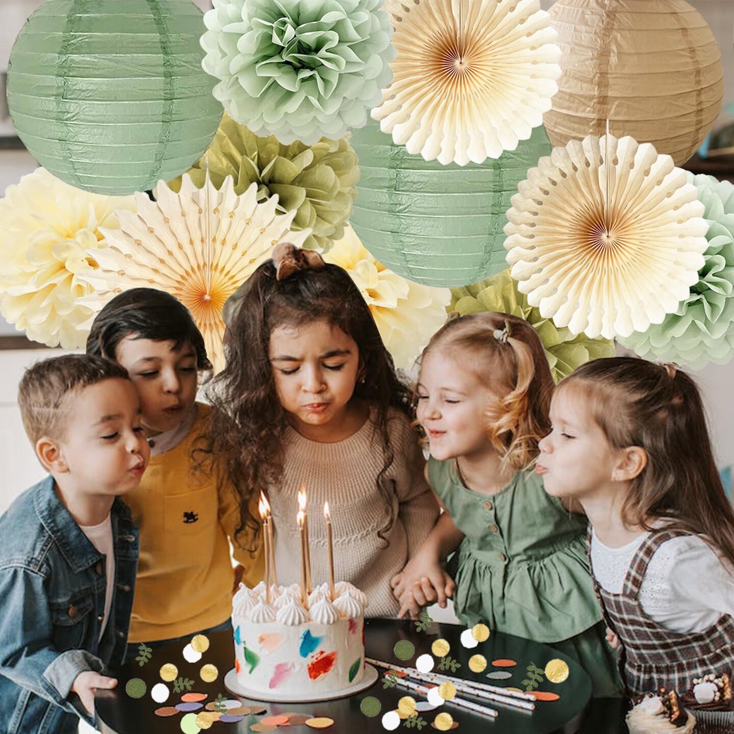 Sage Gold Cream Tissue Paper Pom Poms Paper Lanterns(Sage Green, Cream, Gold)