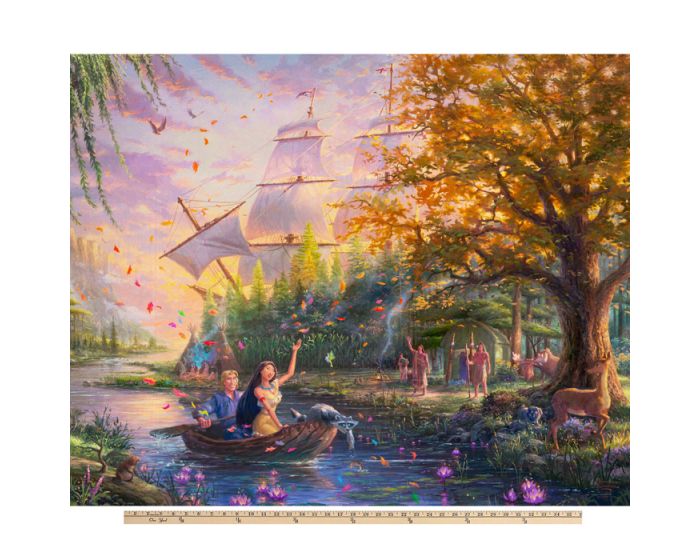 Pocahontas Disney by Thomas Kinkade licensed by David Textiles Digital Cotton Print Fabric Panel | 100% Cotton | Sold By the Panel