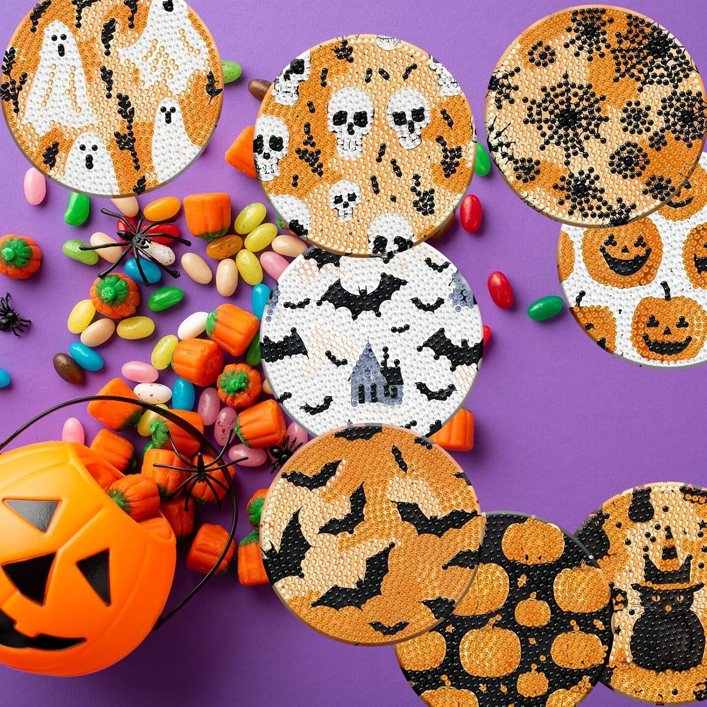 8 Pieces Halloween Diamond Art Coasters with Holder – 5D Full Drill DIY Diamond Dot Coaster Kit for Adults, Halloween Gift & Table Decor