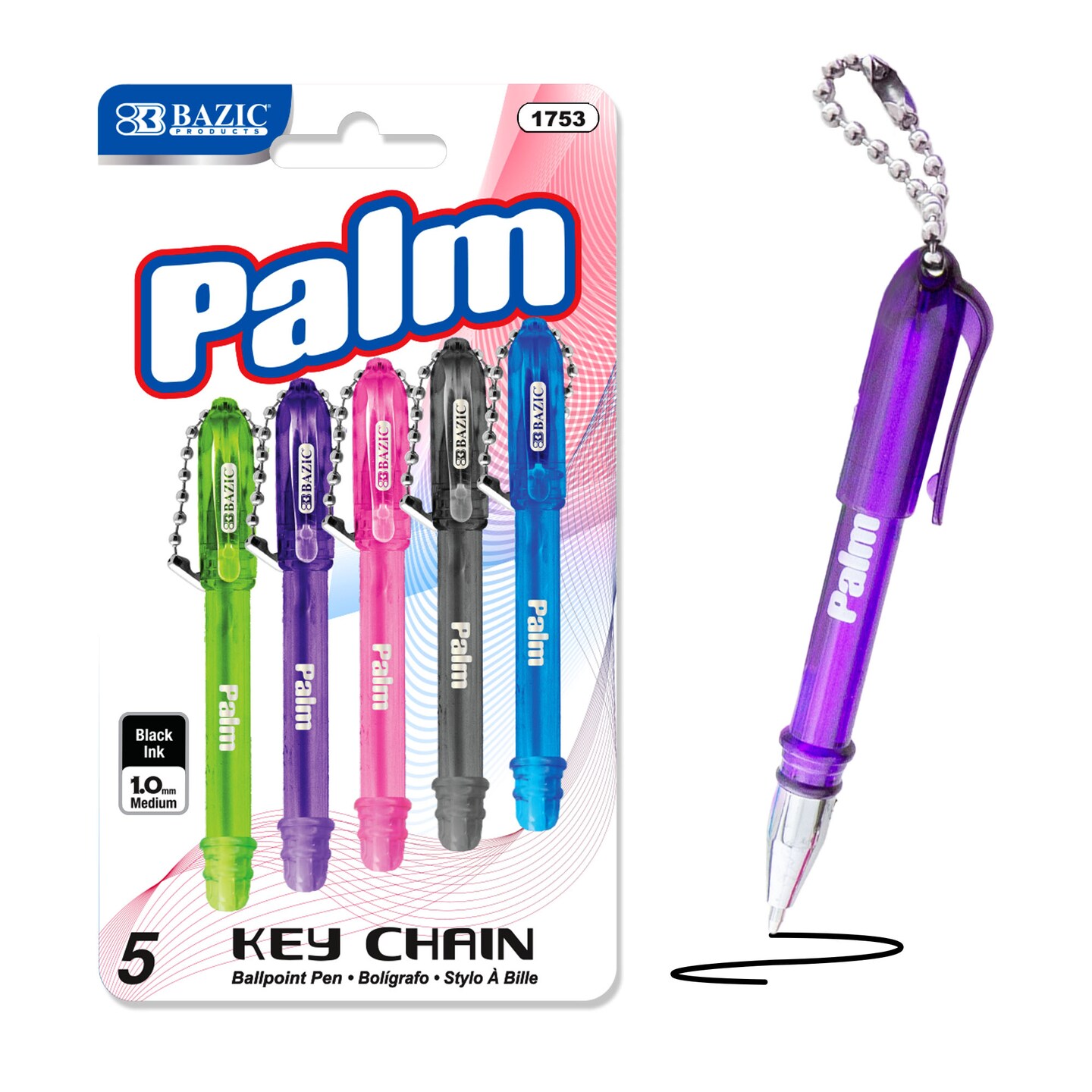 BAZIC Palm Mini Ballpoint Pen w/ Key Ring (5/Pack), size: 24-Pack