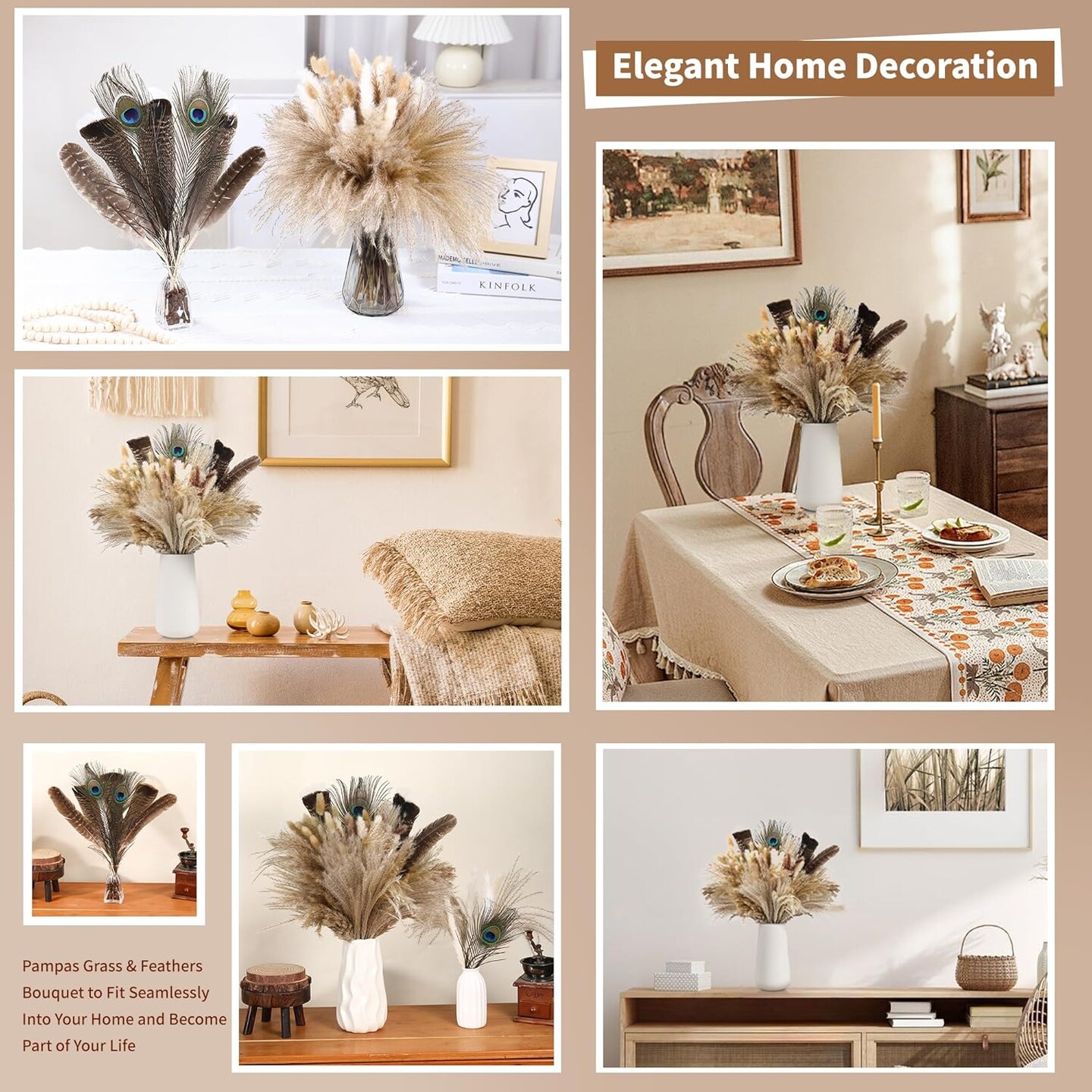 2-in-1 Pampas Grass Decor - 100pcs Dried Pampas Grass with Natural Feathers Boho Flowers Arrangement for Vase,Home Wedding Party Centerpiece and Rustic Farmhouse Decor