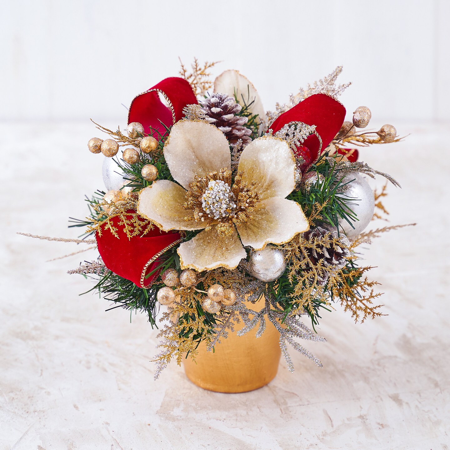 Glam Magnolia Arrangement with Pot - Handcrafted Christmas Decorations - Holiday Tree