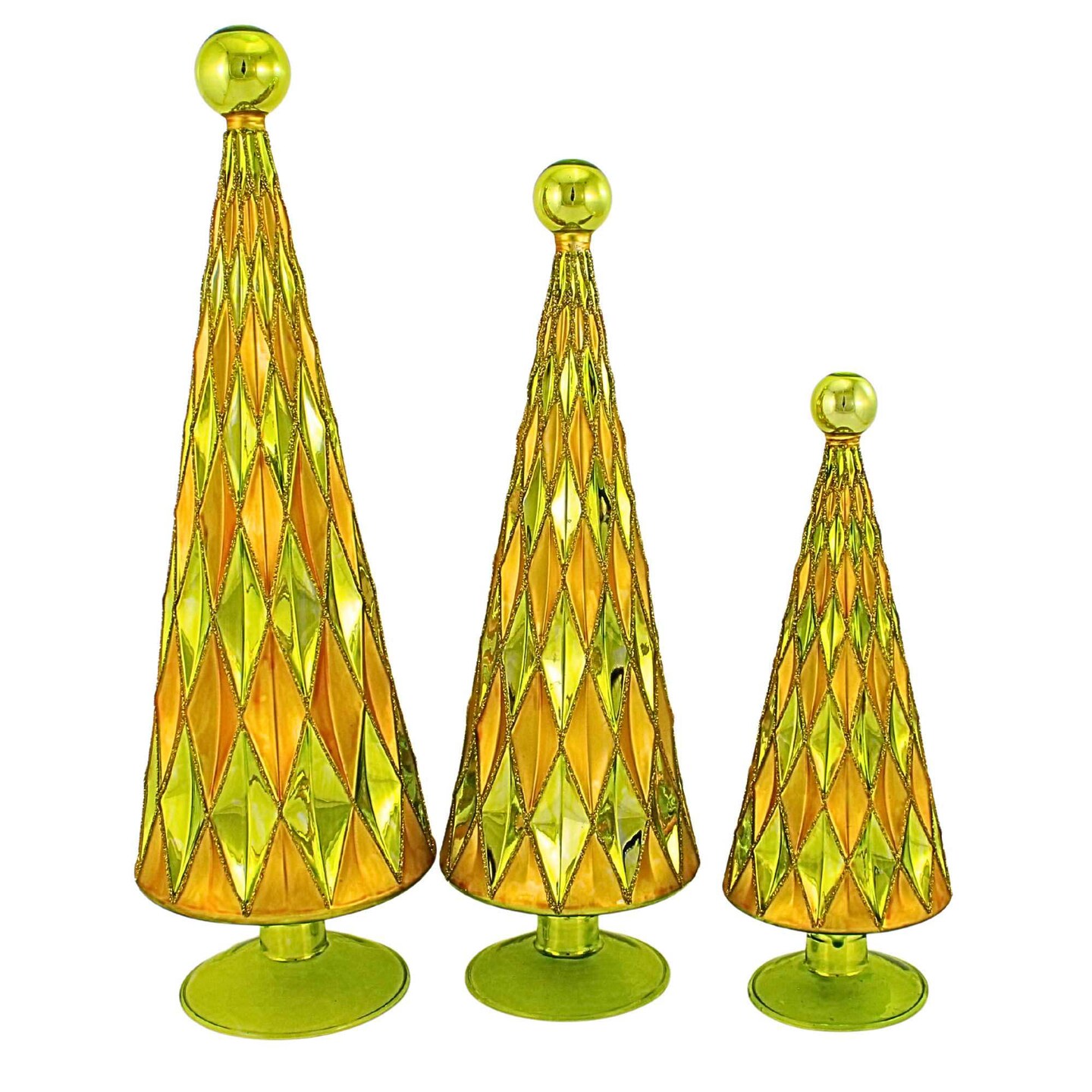 Cody Foster 14.5 Inch Diamond Trees Gold Chartreuse Christmas Decorative Tree Set , Christmas Decor Mid Century Style Reflective