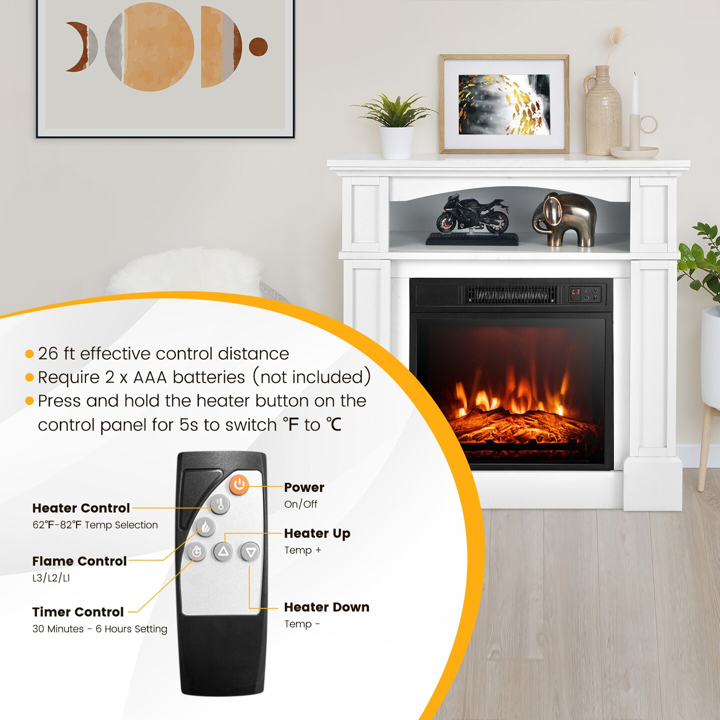 Electric Fireplace with Mantel and Storage Cabinet White 1400W Heater with Realistic Flame and Adjustable Brightness