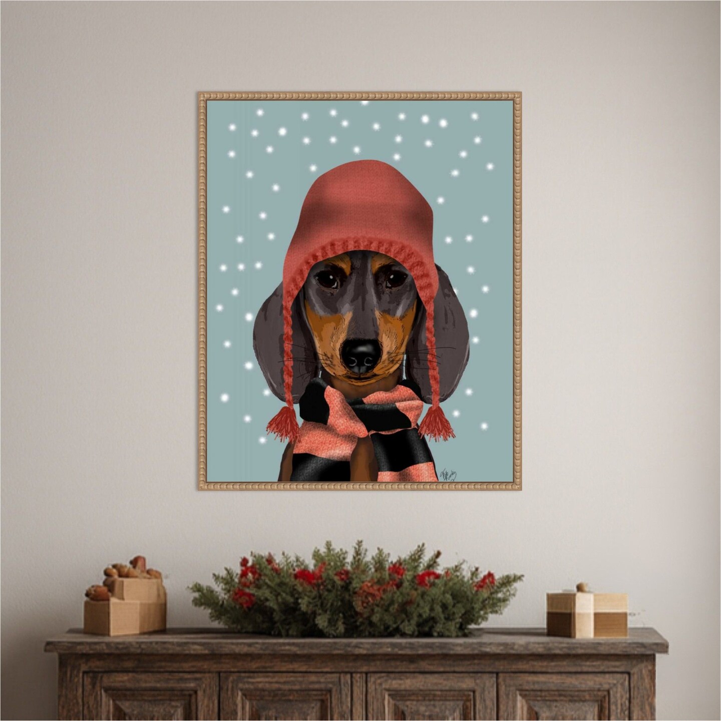 Dachshund With Woolly Hat and Scarf by Fab Funky 23-in. W x 28-in. H. Canvas Wall Art Print Framed