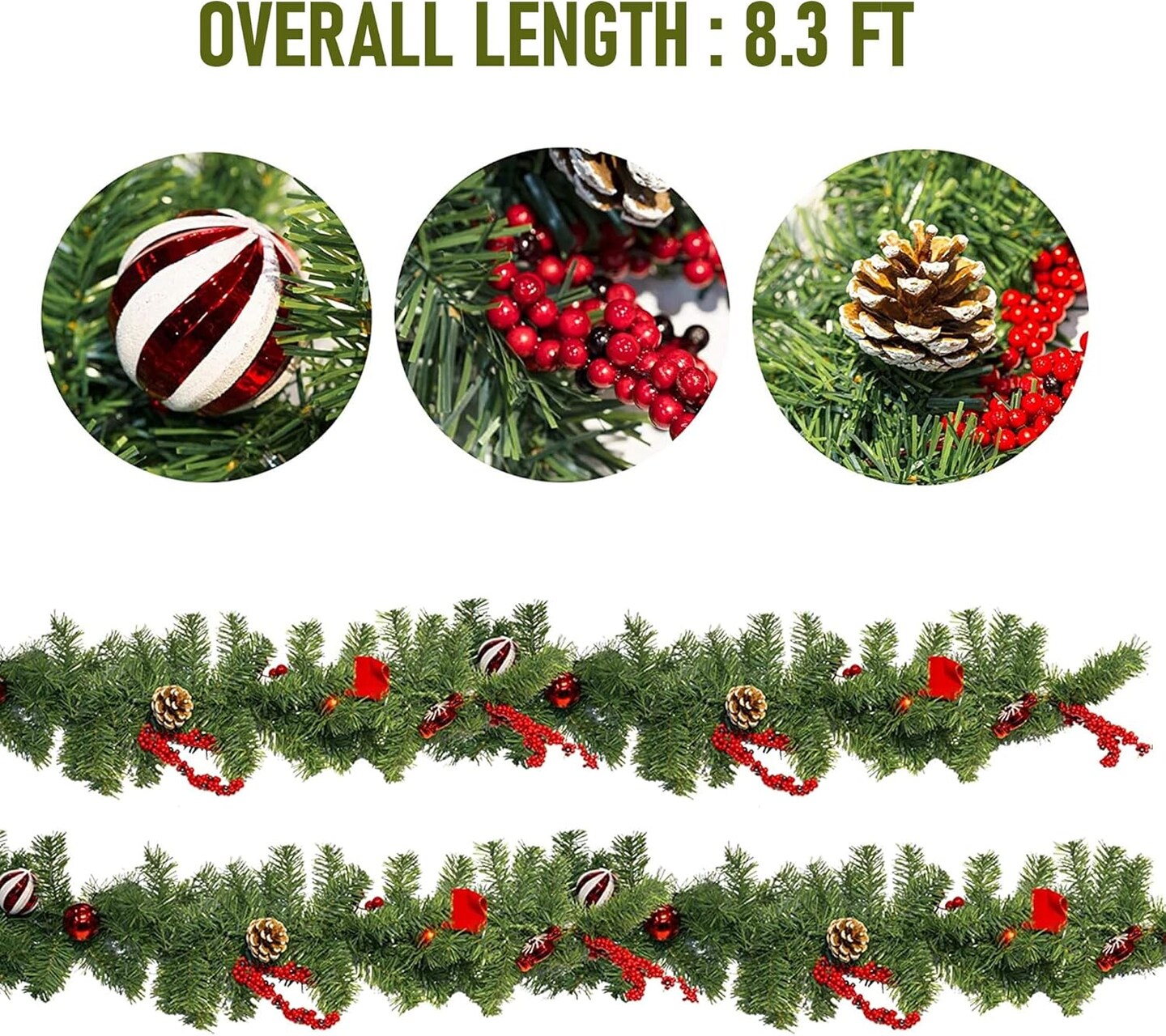 1 Pack 9FT Christmas Garland with 50 LED Lights - Battery Operated with 8 Modes