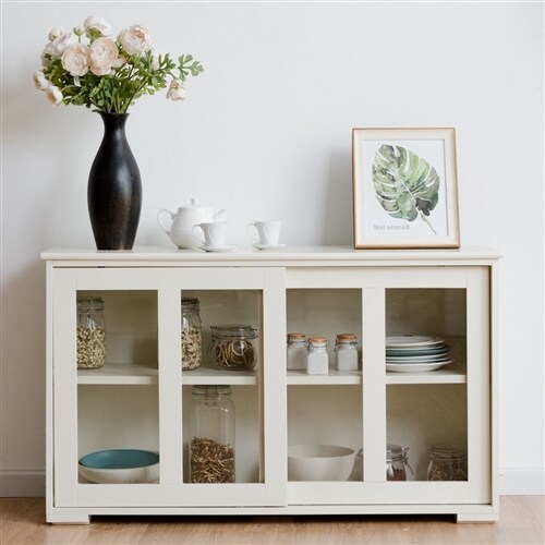 Modern White Buffet Sideboard Cabinet Kitchen Storage with Sliding Glass Doors MDF Wood 42 Inch