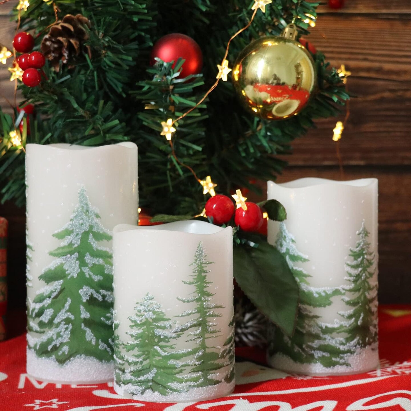 Flickering Flameless Pillar Candles Warm Light Christmas Set of 3(D3 x H4/5/6 Inch)