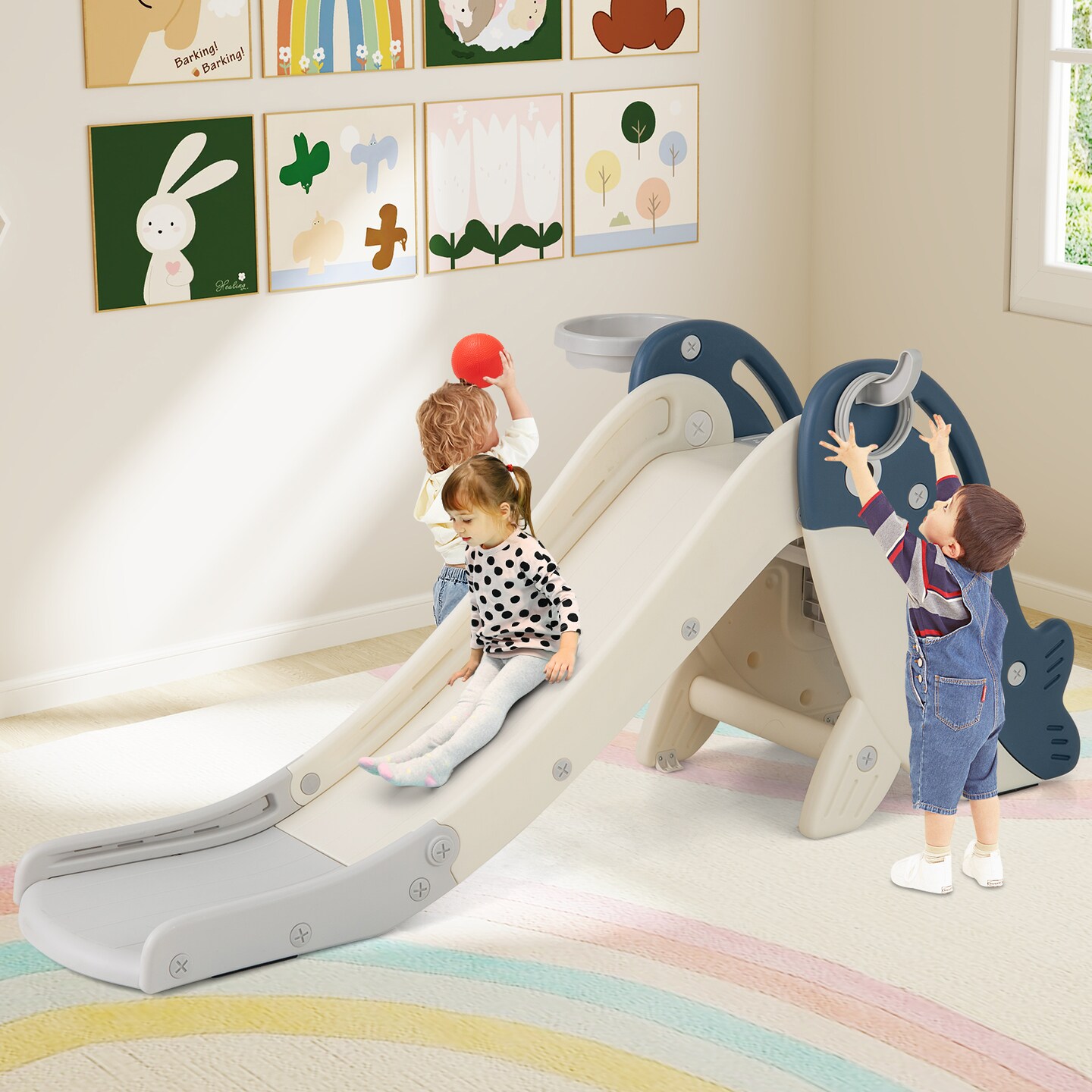 Foldable Freestanding Baby Slide with Climber and Hoop for Kids