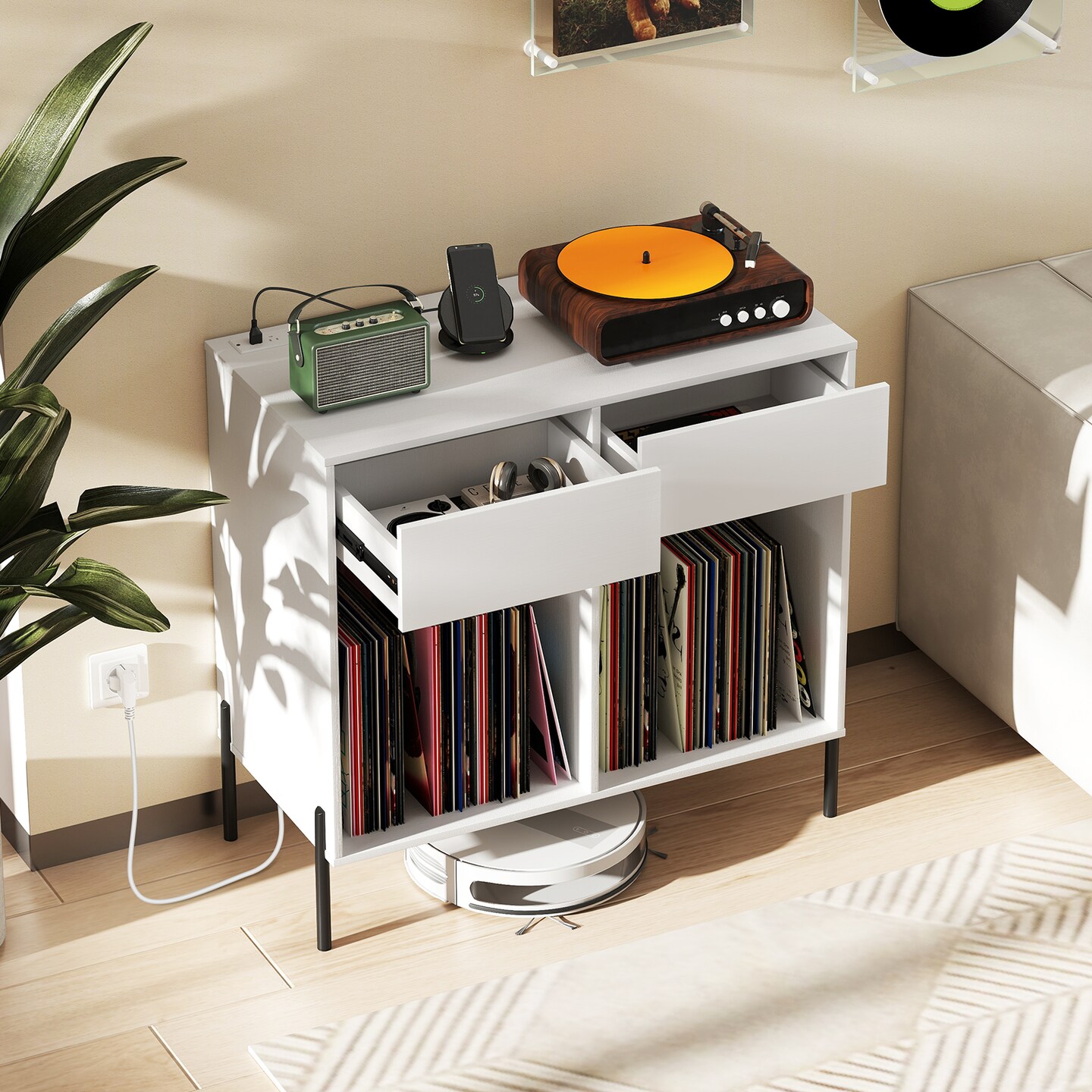 Record Player Cabinet with Open Shelves, Drawers, and Outlets