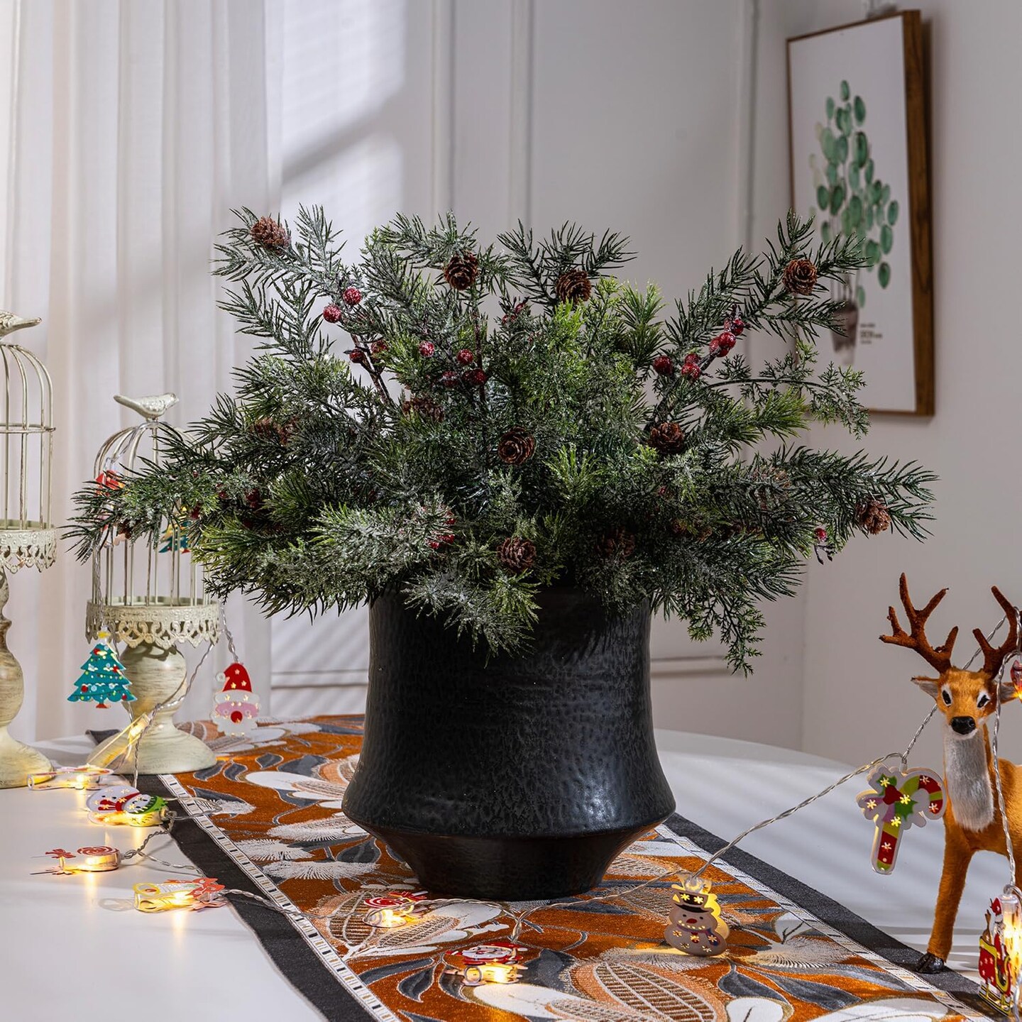 Red Berry Snowy Pine Cones Fake Greenery Stems Picks(Type-4)