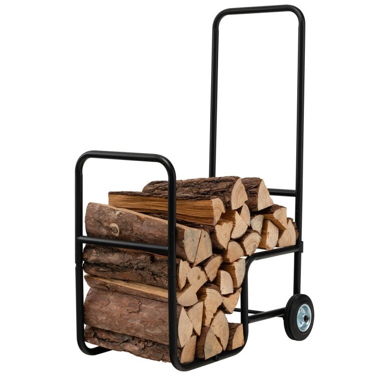 Rolling Log Rack Rolling Firewood Log Cart with Rubber Wheels and Steel Frame Wood Rack ...