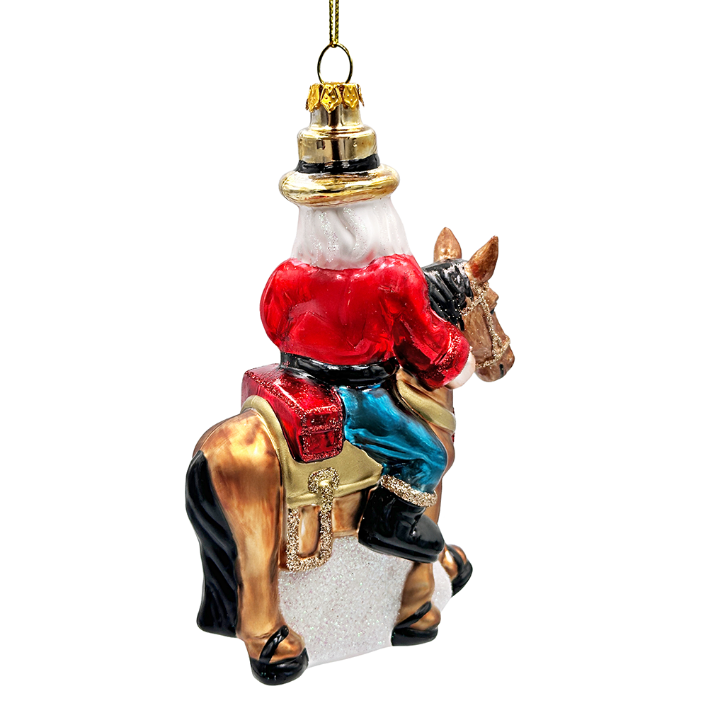Hardy Wild Western Cowboy Santa Glass Christmas Ornament, Vintage Horse Ridin Farm Style Decor