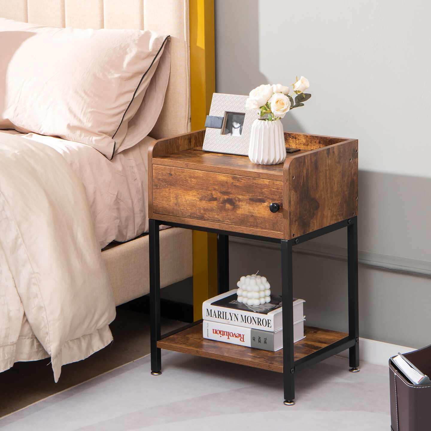 Costway Nightstand W/ Charging Station Sofa Side Table Storage Cabinet Shelf End Table