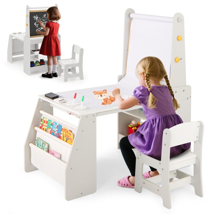 Kids Art Table and Chair Set with Whiteboard Chalkboard Easel Storage and Paper Roll for Drawing