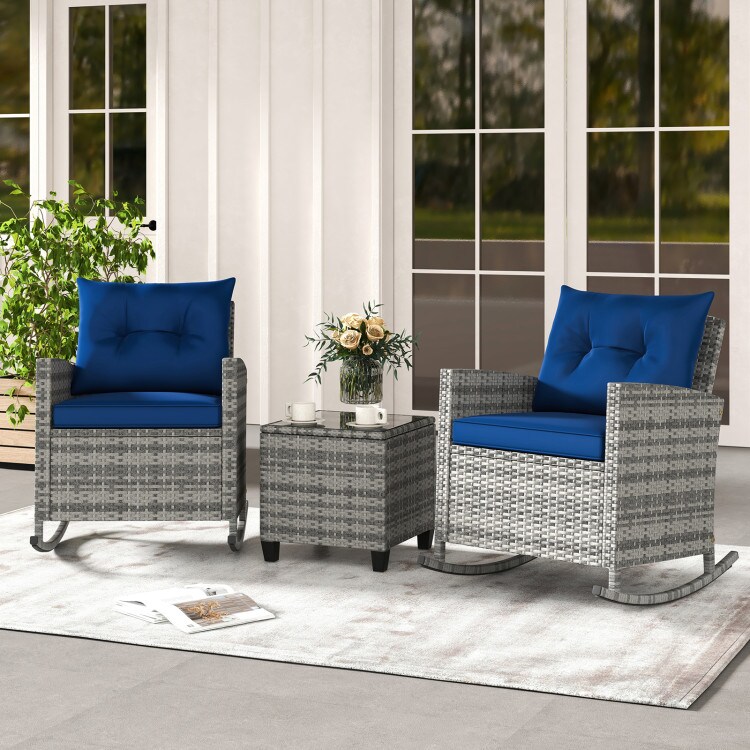 3-Piece Mix Brown Rattan Outdoor Rocking Chair Set with Navy Cushions and Tempered Glass Table