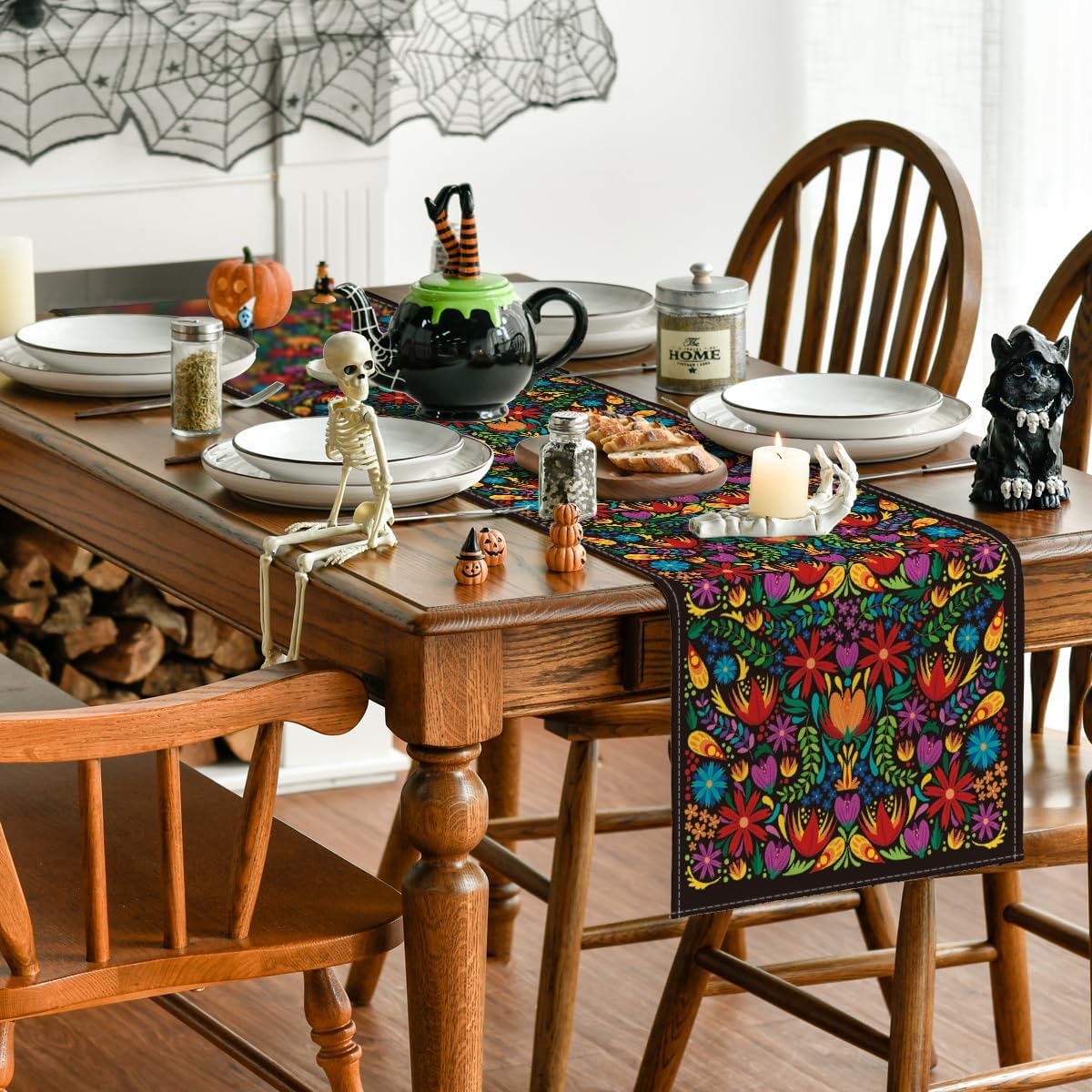 Dia De Los Muertos Floral Fiesta Mexican Table Runner, Mexico Day of The Dead Kitchen Dining Table Decoration 13x72 Inch