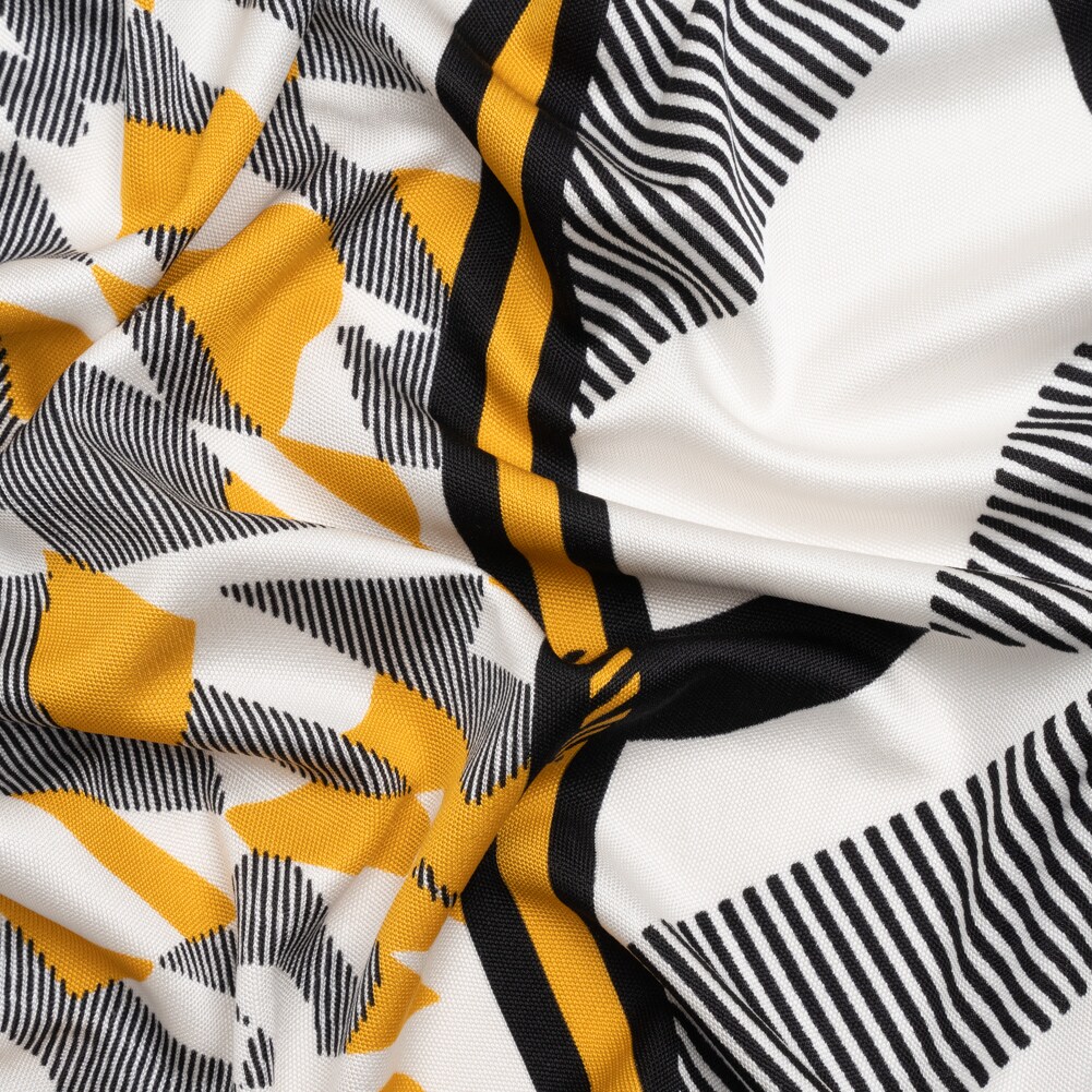 1 Yard Yellow, Black and White Abstract Borders Silk Jersey 45" Wide, Stretchy Fabric for Dresses, Tops, Skirts
