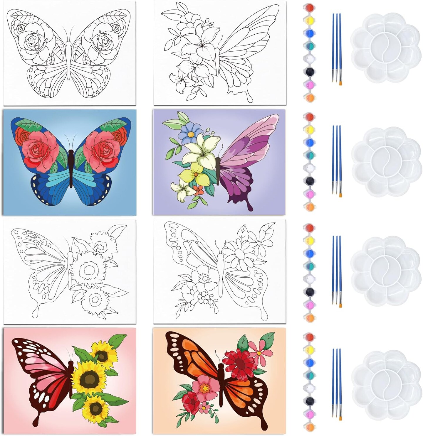 4 Pack Canvas Painting Kit, Butterfly and Flowers Theme Pre Drawn ...