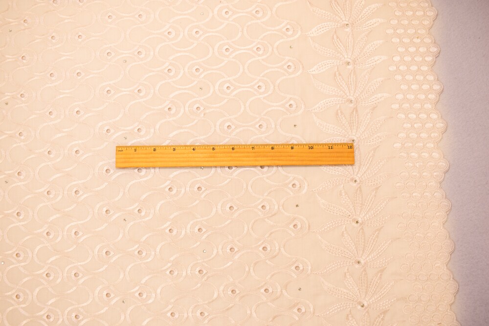 Beige Poly-Cotton Embroidery Eyelet Floral Scallop Rhinestone Woven Fabric By the Yard