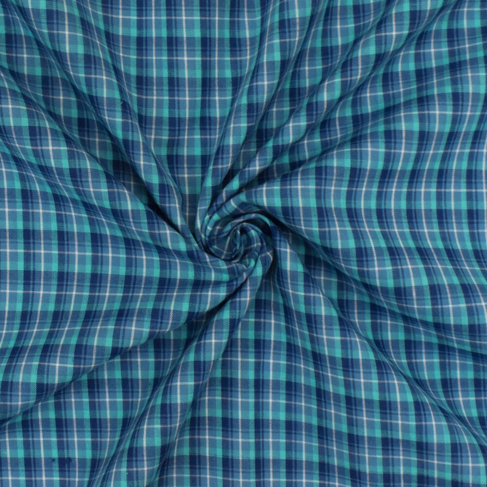 Navy Blue-Teal-Multi Plaid Cotton-Polyester Madras Woven Fabric By the Yard